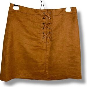 Size 4 BCBG Generation Tan Brown Faux Suede Mini Skirt Neutral Lace Up Accent